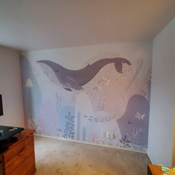 Blue Whale Wallpaper Ocean Motif Nursery Decor Removable Flying Whale ...