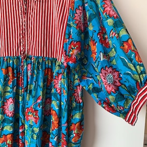 Striped Floral Hand Block Printed Cotton Mini Dress – Puff Sleeve Boho Dress