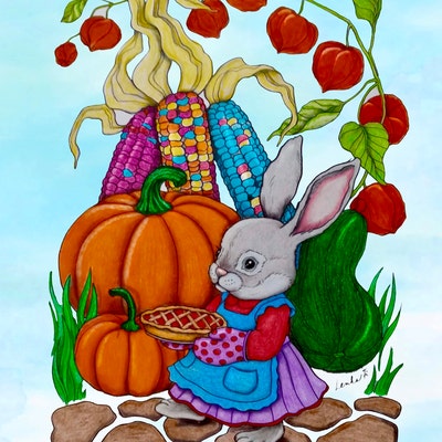 Thanksgiving Bunny Coloring Page for Adults GREY SCALE, PDF Download ...
