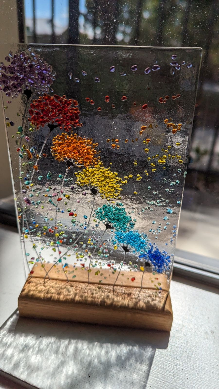 Whimsical Bright Rainbow Flowers fused glass Art Picture Sun Catcher & Wooden Display Stand