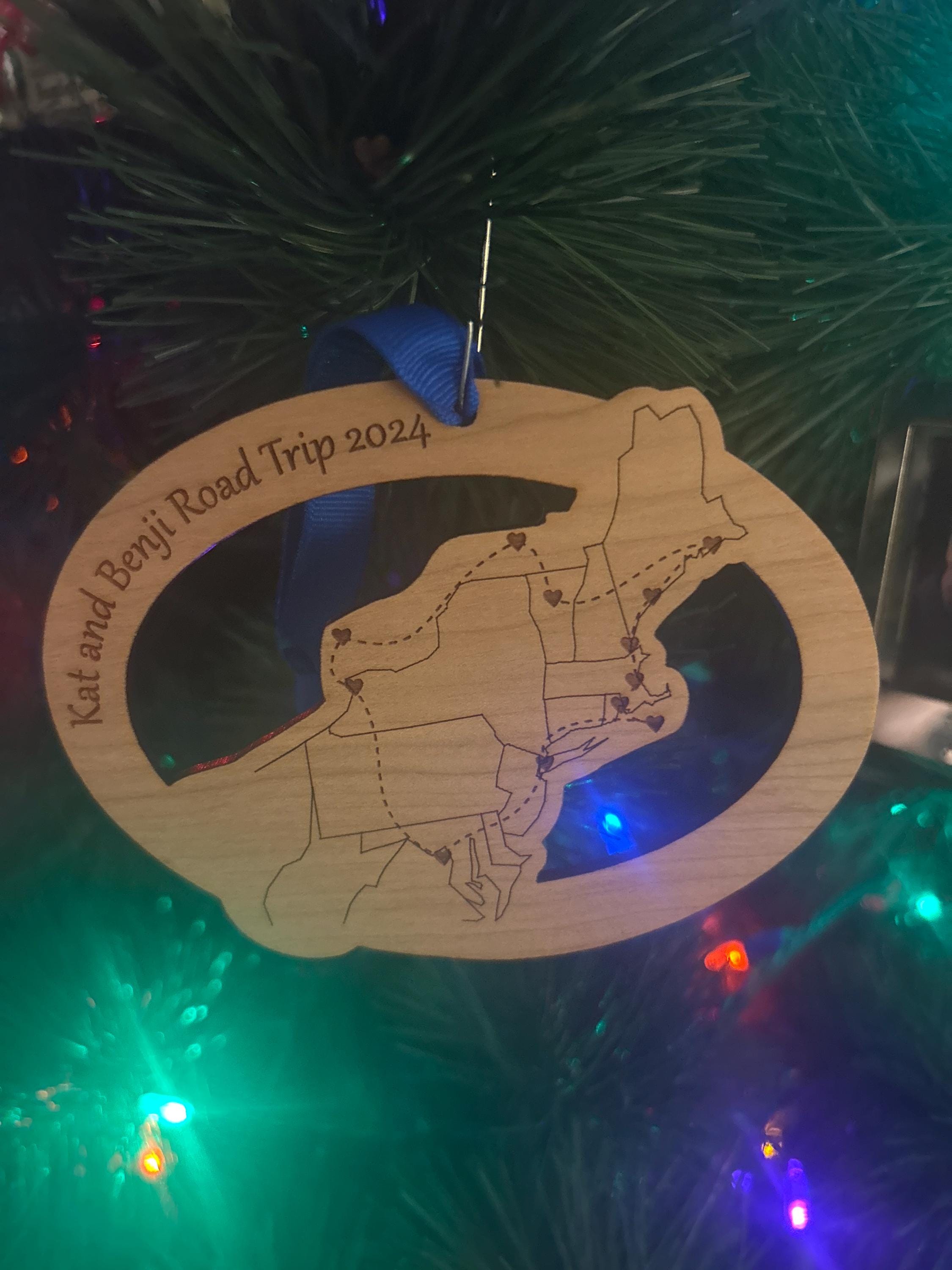 Custom Text and Cities US Map ornament, Road Trip Travel Ornament, long distance relationship, 50 state marathons