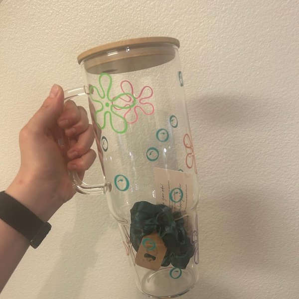 Flower Glass Cup, Large Glass With Handle, Trendy Cup With Lid and ...