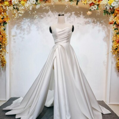 Sexy Slit A-line Wedding Dress. White Satin Wedding Dress With Long ...