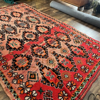 Tapis Marocain En Laine De Mouton 6.5x9.5 Pieds - Fait Main, Style Boho Moderne, Rose