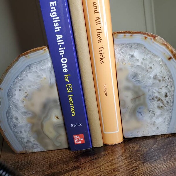 Natural Blue Agate Geode Bookends, Decorative Book Ends For Shelves
