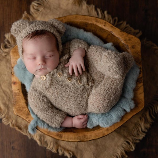 BARRY Teddy Bear Bonnet and Footed Romper Set Newborn Footed Romper/ 3 ...
