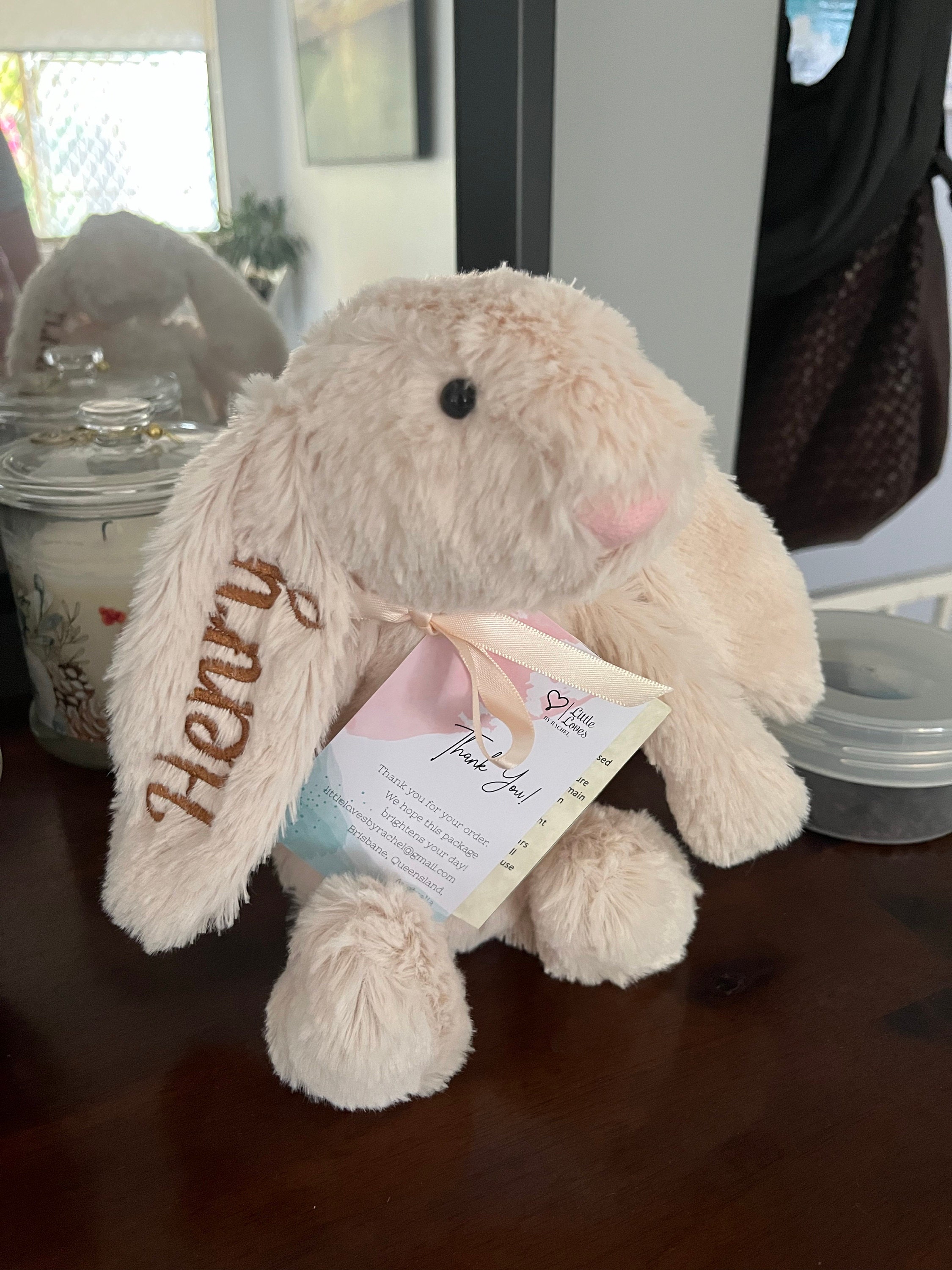 Personalised Plush Bunny Rabbits for children and babies. Floppy ear Rabbit for Easter or Birth. Customise text and colours. Embroidered ear