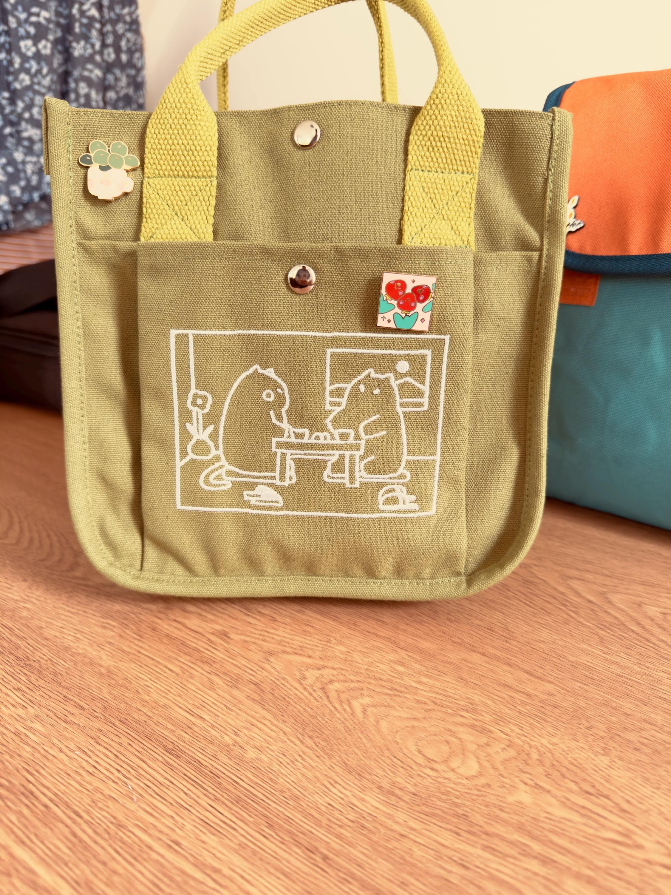 Matcha Canvas Tote Bag，Embroidered Cute Cat Design Totebag, Everyday handbag, Versatile Lunch Bag or Art Supplies Carrier, Kawaii School Bag