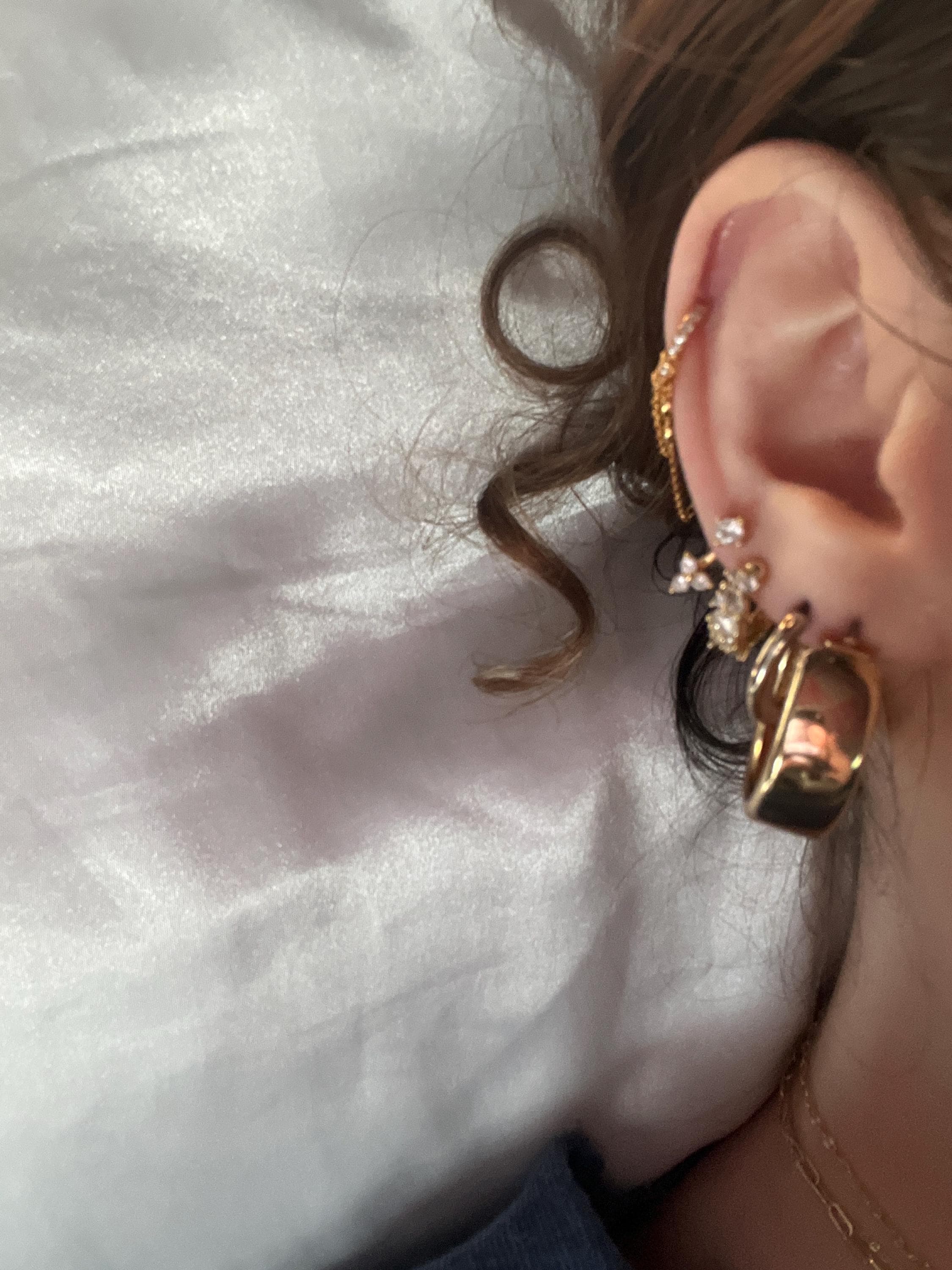 Dainty Pave CZ Helix Huggie Hoop Earrings With 2 Dangling Chains With Bezel CZ