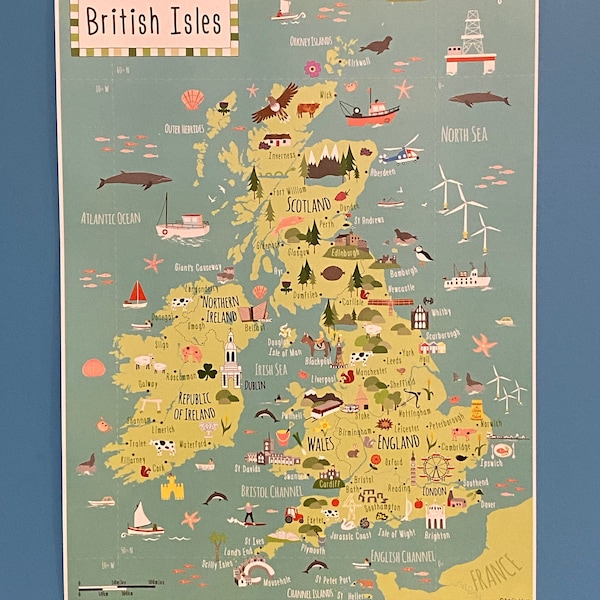 Illustrated Map of British Isles - Children's UK Map - A2 - A3 - A4