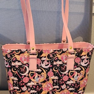 Wavlynn Original Japanese Pink Illustration Canvas Shoulder Bag Lightweight With Interior Pockets