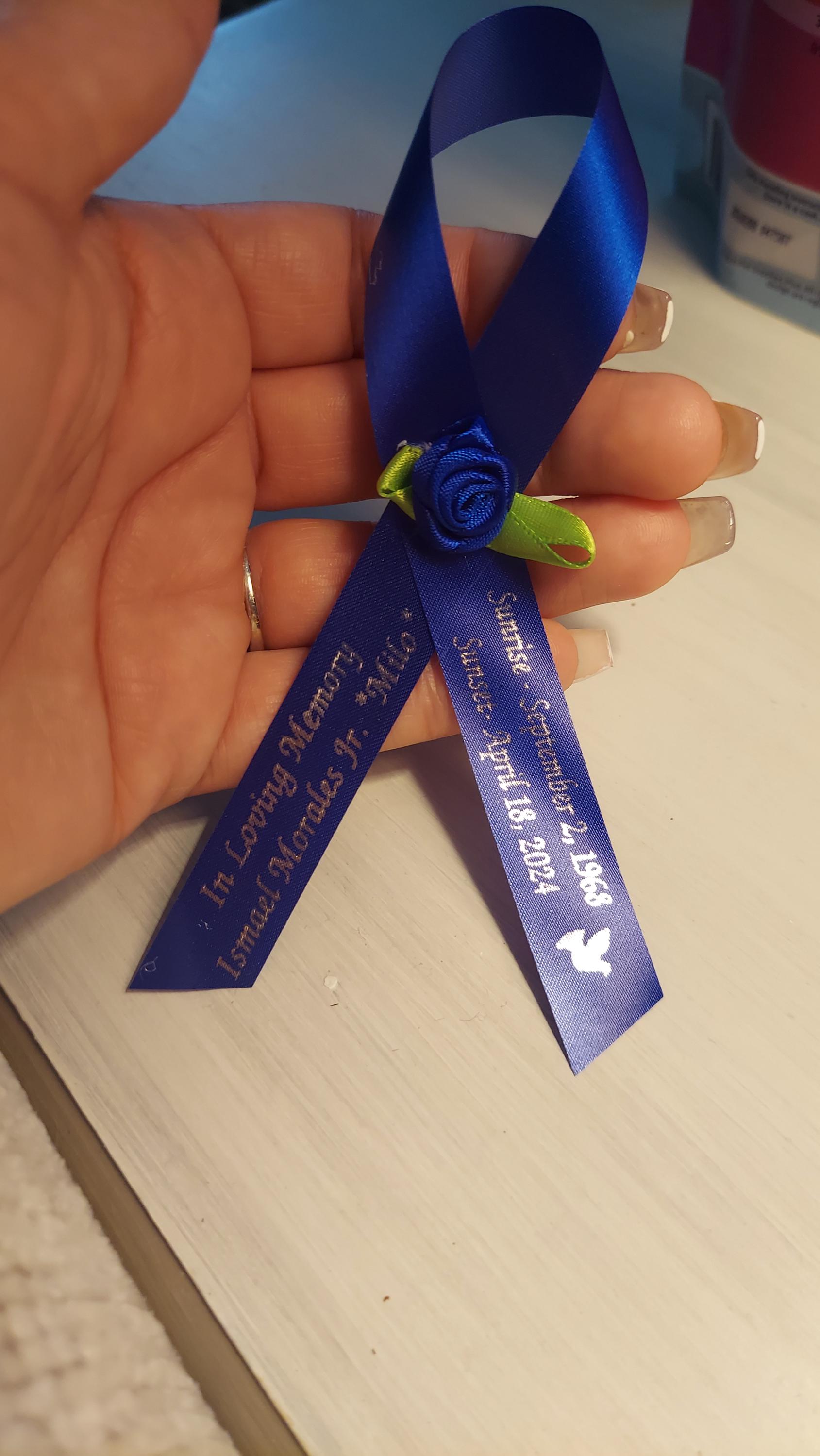 Personalized Memorial Ribbons with Pins for Funeral or Celebration of Life Assembled Fundraiser Awareness Ribbon - Rose Center Decoration