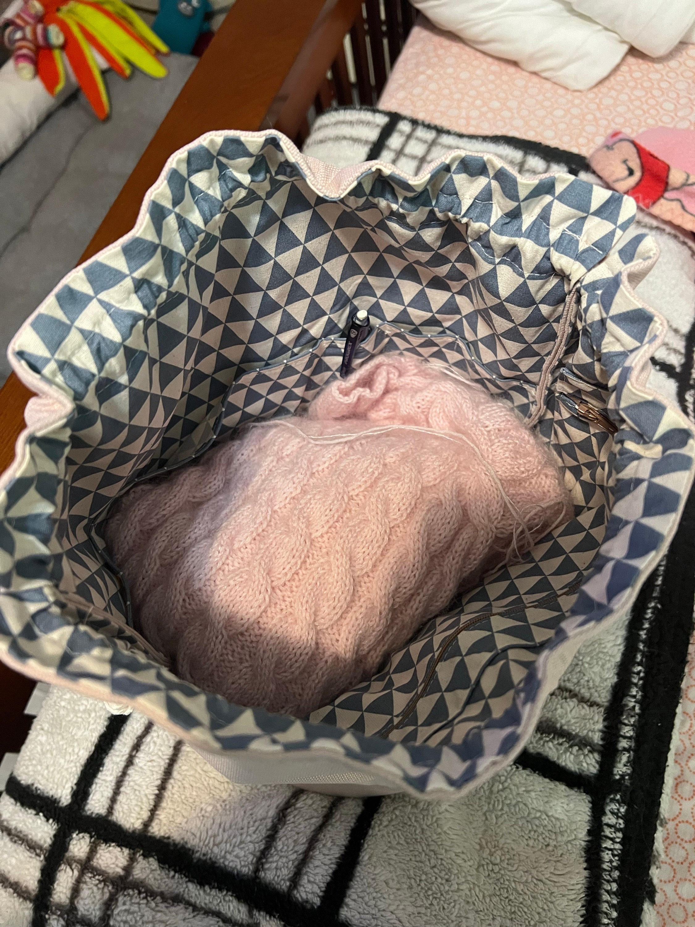 Knitting Project Bag &quot;Pale Pink&quot; knit crochet handicraft * lots of compartments inside * drawstring * pockets organiser * travel *knitter
