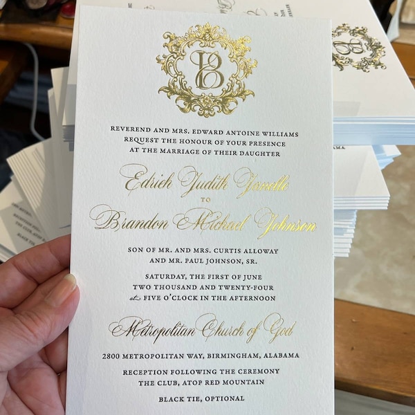 Letterpress Wedding Invitation Set Gold Foil Hand Beveled Edges Rounded ...