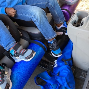 Footrest for forward facing kids that kick your seat or complain about  their legs dangling. Tech approved! It's a pool noodle att…