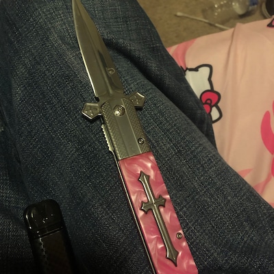 9 Pink Cross Cute Knife Spring Assisted Open Folding Knife. 3D Cross