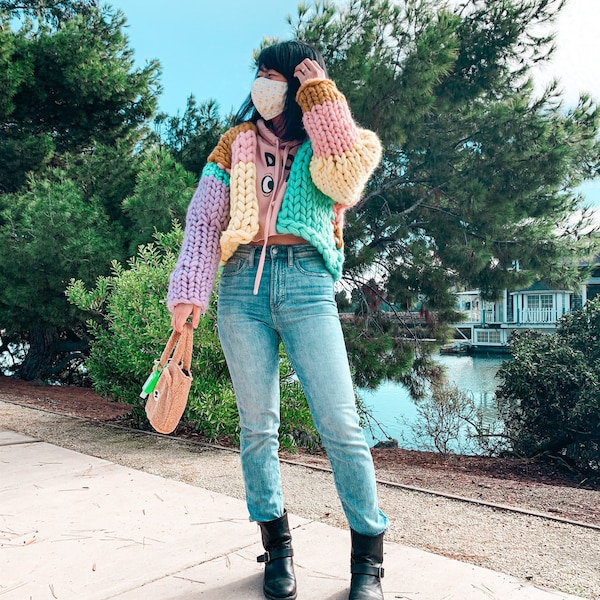 Knit Cropped Cardigan Chunky Knit Cardigan Oversized Wool Jacket V