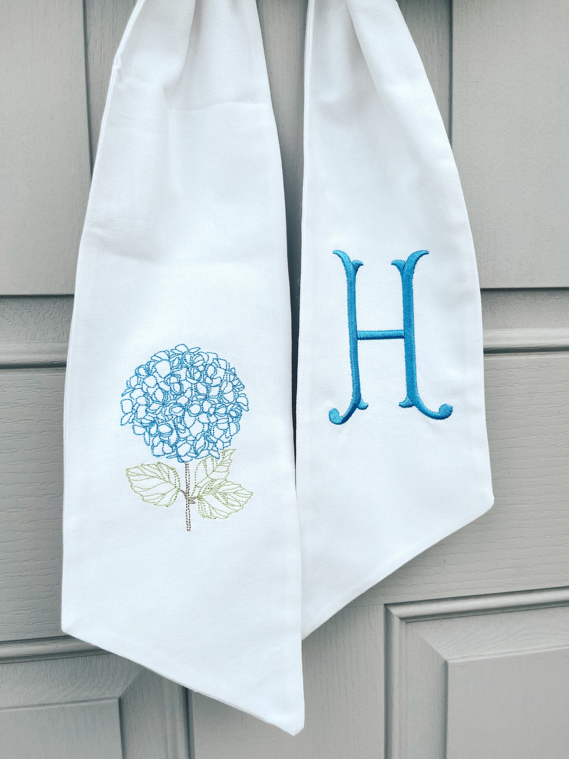 Blue Hydrangea Wreath Sash with Monogram Initial for Front Door Decoration for Home, Party, or Wedding Venue