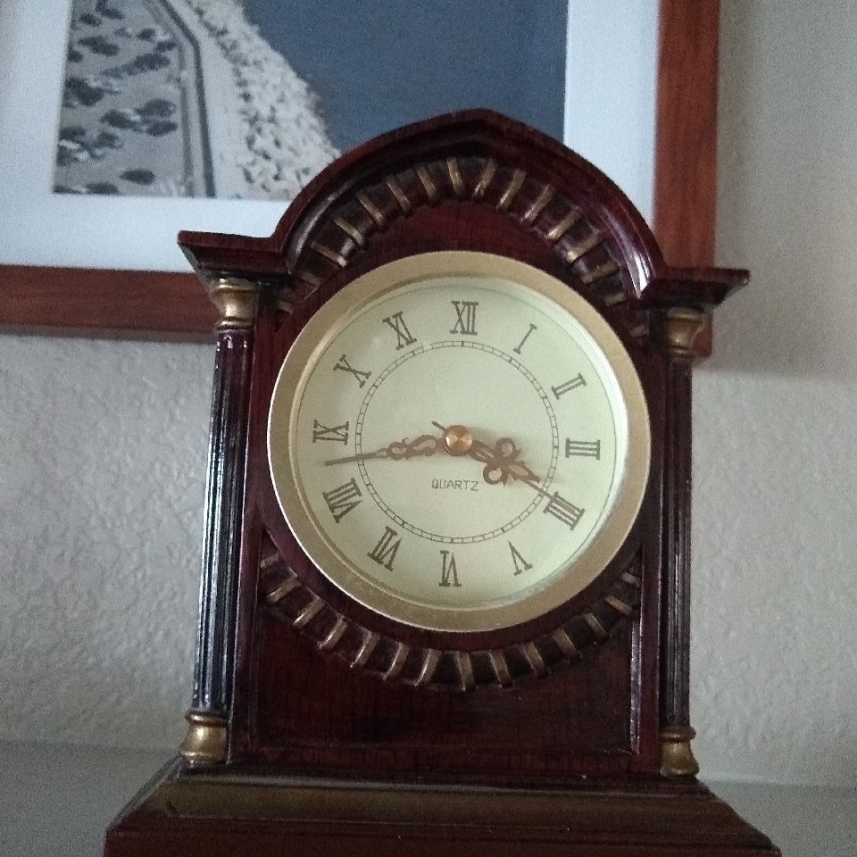 Vintage Hand Made Victorian CounterTop Clock, Resin, Mahogany and Gold Finish, 4 Dial, 8 1/4 X