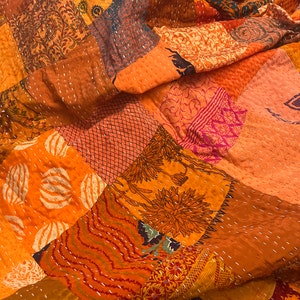 Colcha Kantha Hecha A Mano 156x200cm - Algodón Puro, Bordado Artesanal Bohemio | Reversible, Ligera