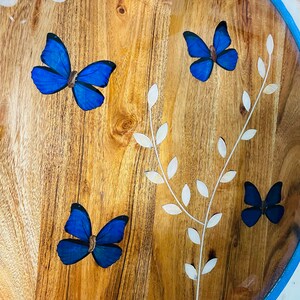 虹色に輝く青いモルフォ蝶の羽：キラキラ輝く小さなプラスチック製の
