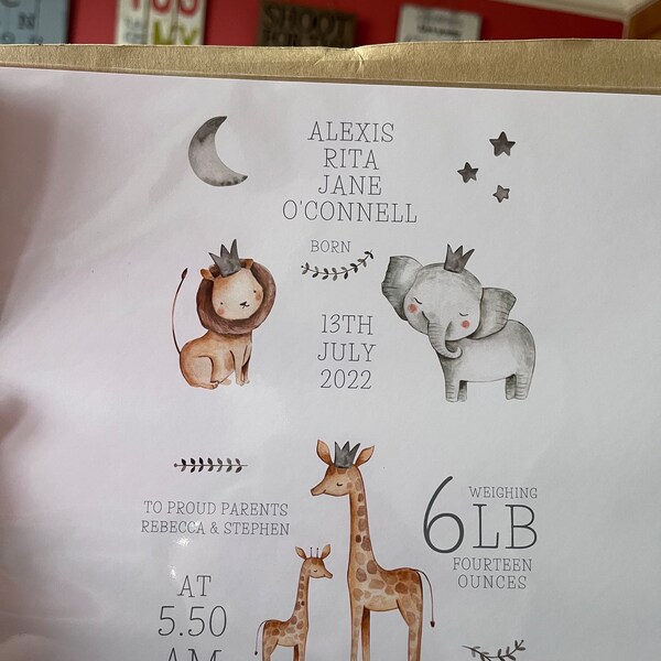Personalised Safari Animals Print, Including Birth Details, New Baby ...