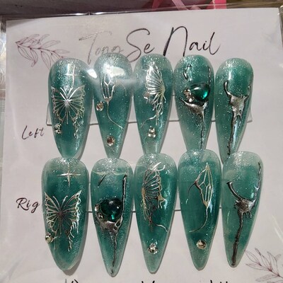 Lake Green Silver Butterfly Ombre Nails Silver Glitter Sparkly Luxury ...