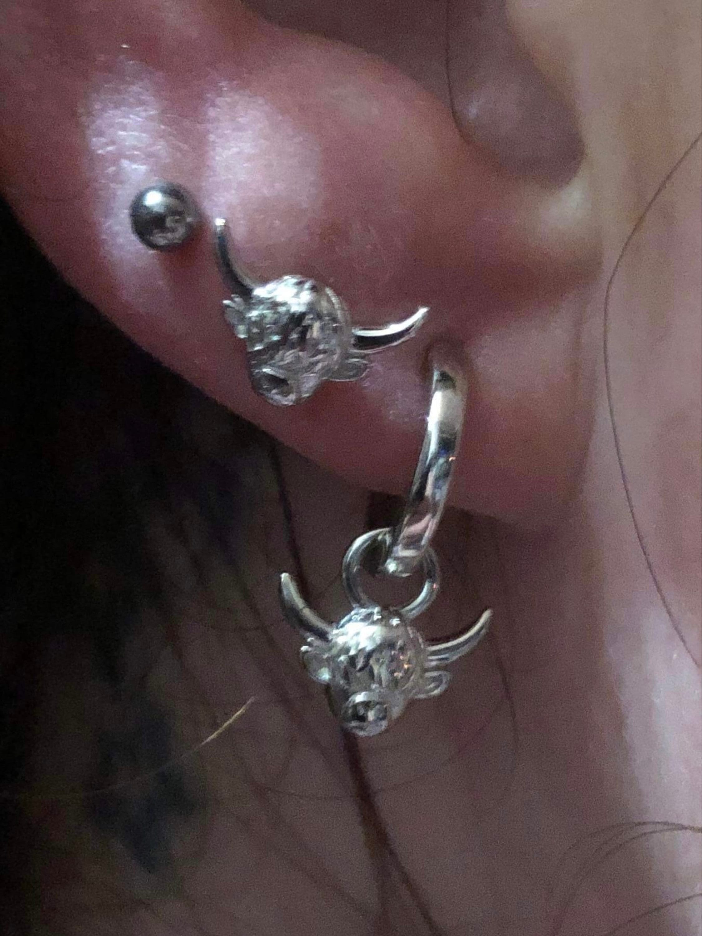 Dangling Highland Cow Huggie Hoops in Sterling Silver, Silver or Gold or Rose Gold, Highland Cow Earrings, Detachable and Interchangeable