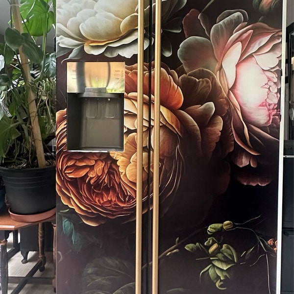 Floral Fridge Wrap Vintage Refrigerator Wrap Vinyl Side by Side Black ...