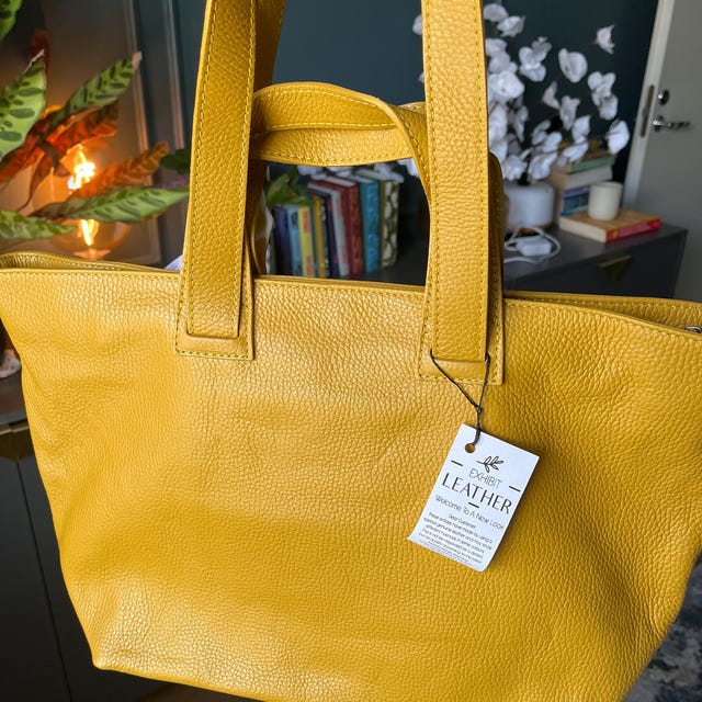 Top Zip Mustard Yellow Leather Tote Bag, Leather Shoulder