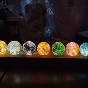 Pancake Day 2025 Gift 7 Chakra Relaxing Inside Out Marble Spheres Galaxy Night Lamp with Wooden LED Base gift for Him Her Personalised Gift