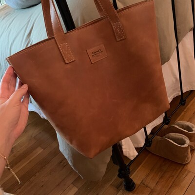 Cognac Leather Bag, Leather Tote Bag, Genuine Leather Tote, Shoulder ...