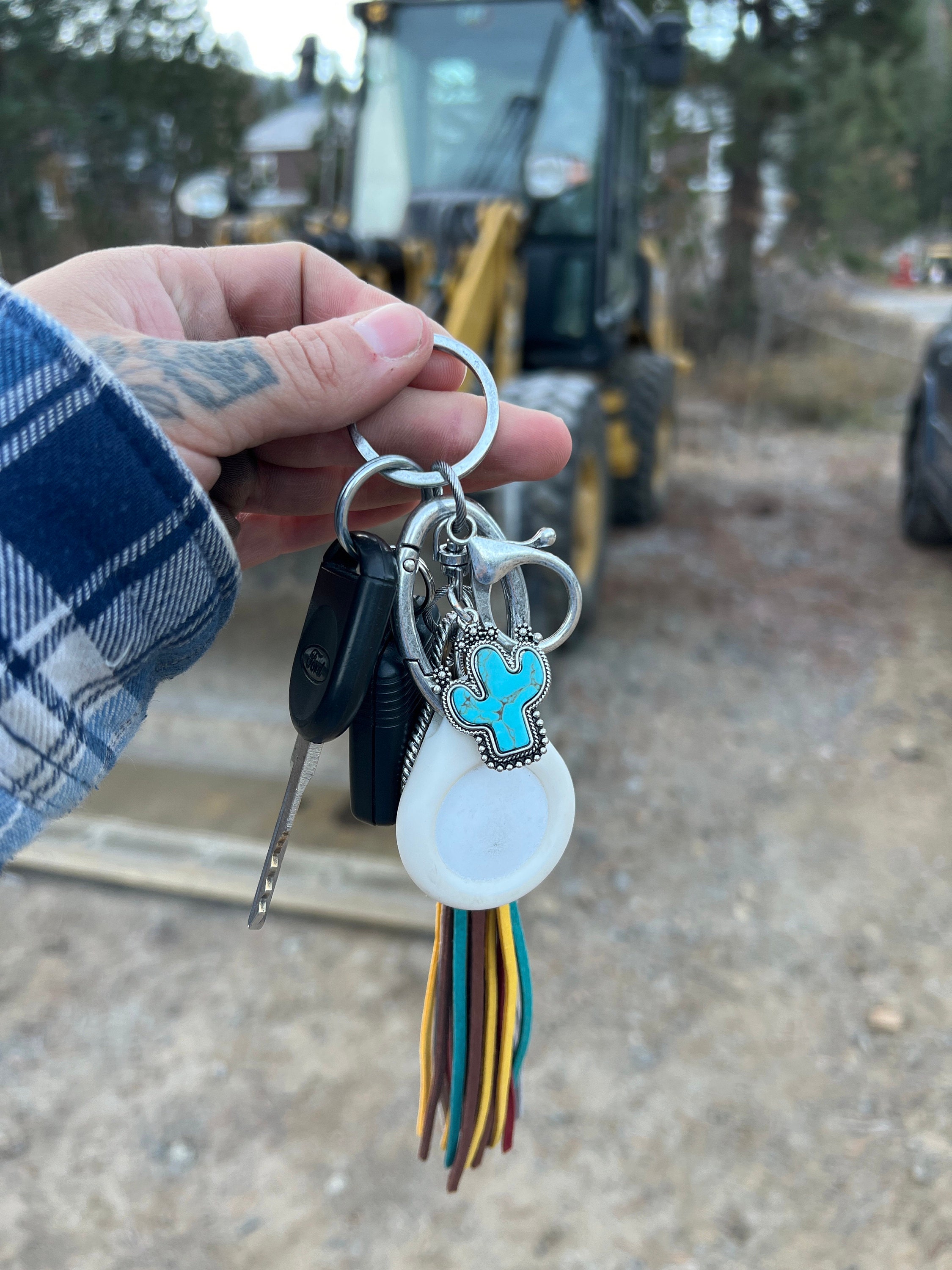 Initial Monogram Keychain/ Turquoise Charm/Initial Cattle Ear Tag Keychain/multi color tassel fringe keychain