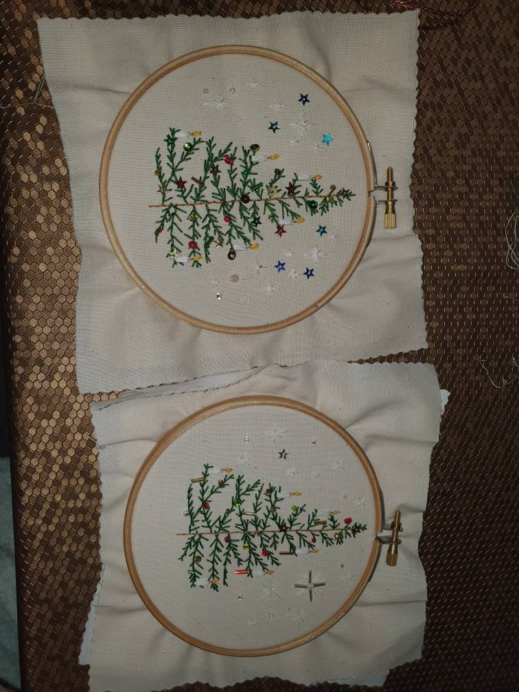 Christmas Light: Festive Embroidery Kit. Simple Christmas tree design with beads sequins, easy modern craft. Add a festive gift set.