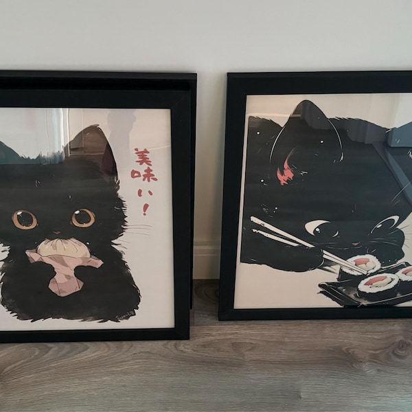 Sushi Black Cat Poster Tokyo Art Print, Oishii Cat Print, Delicious ...