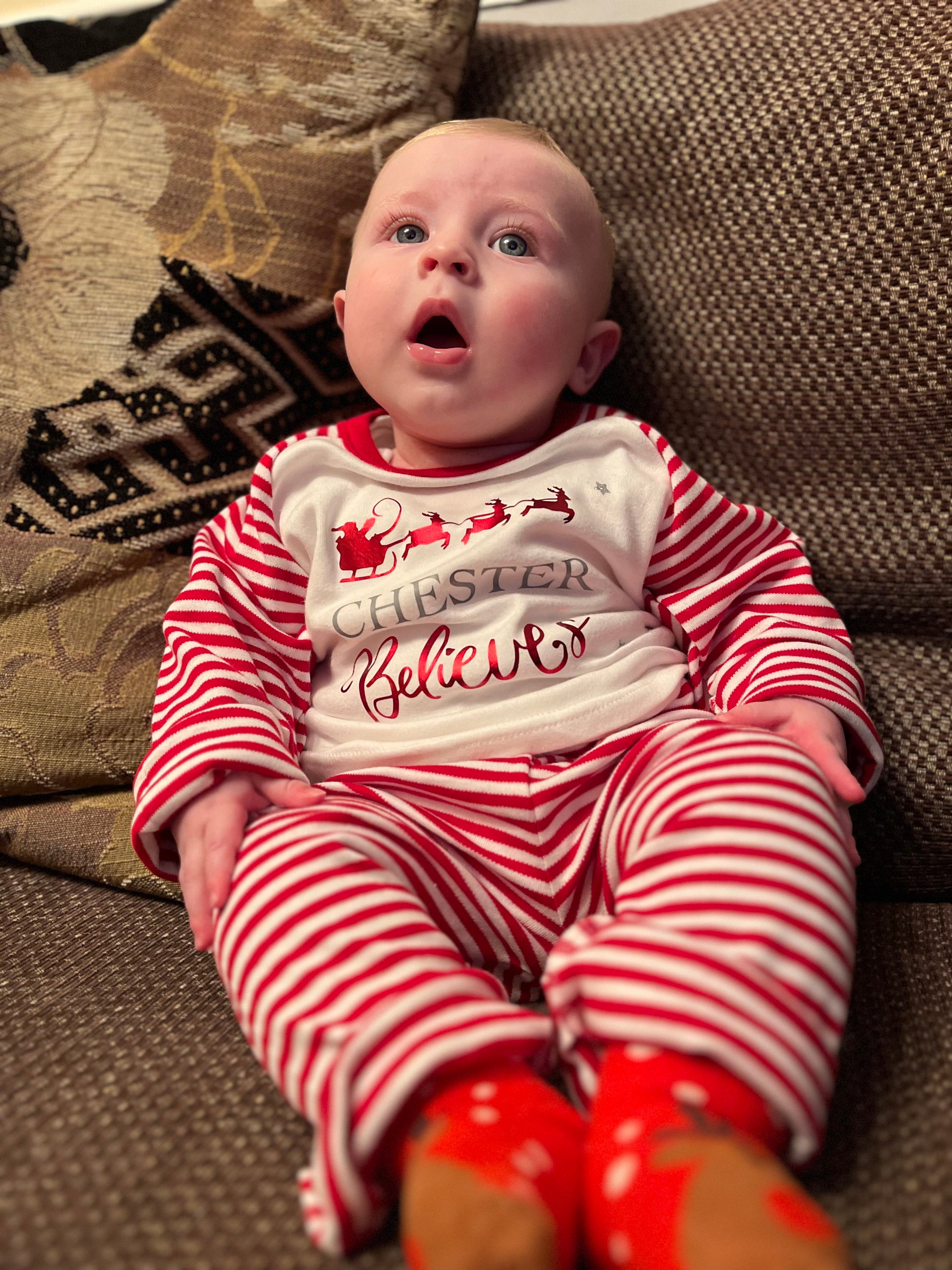 Personalised matching family Christmas pyjamas. Girls, boys, mum, dad and baby, believe candy cane reindeer pjs