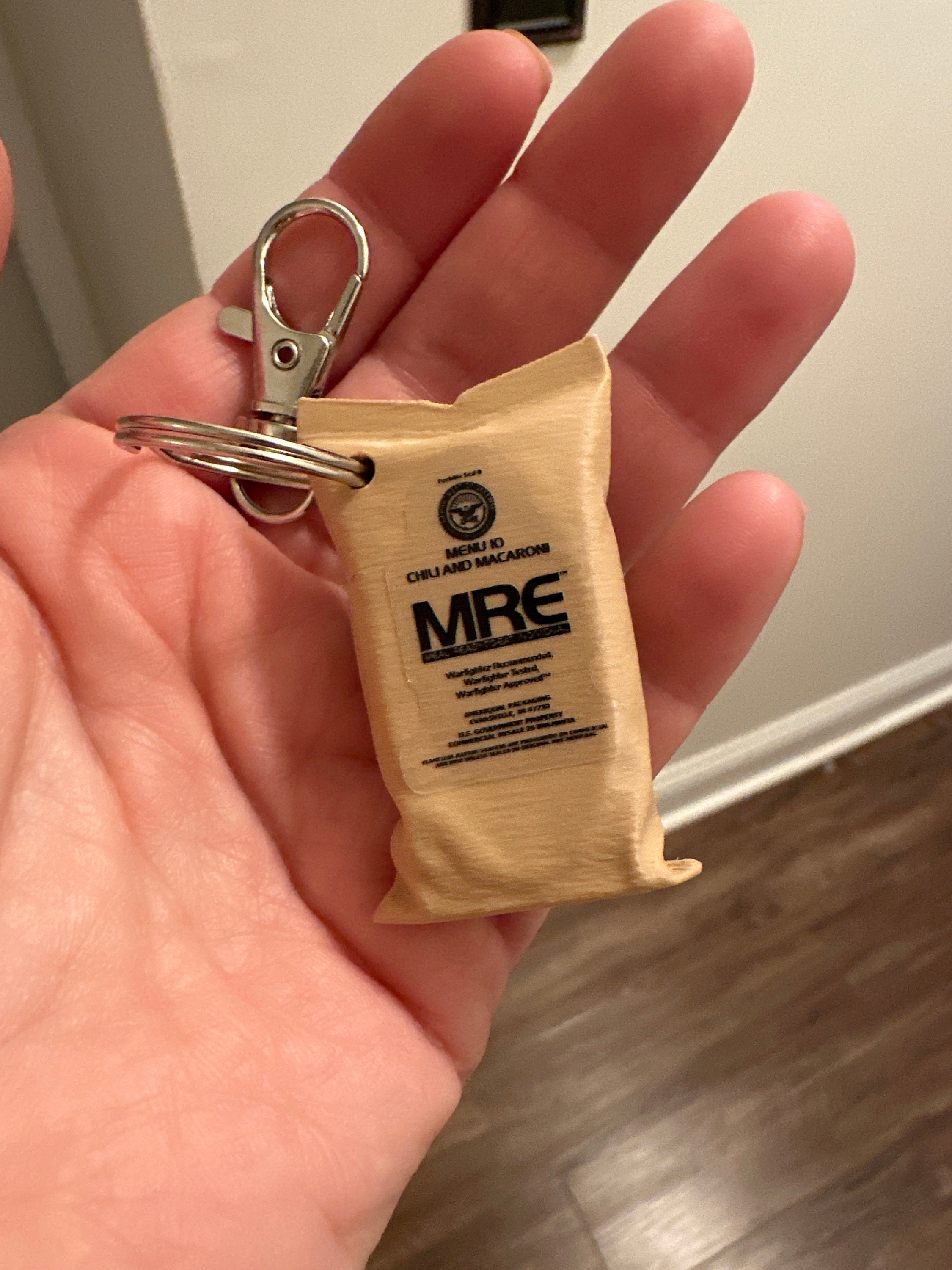 MRE Chili-Mac Keychain -Great Military gift for Army, Marines, Navy, Airforce, Coast Guard or Spaceforce - Perfect gift for Veterans!
