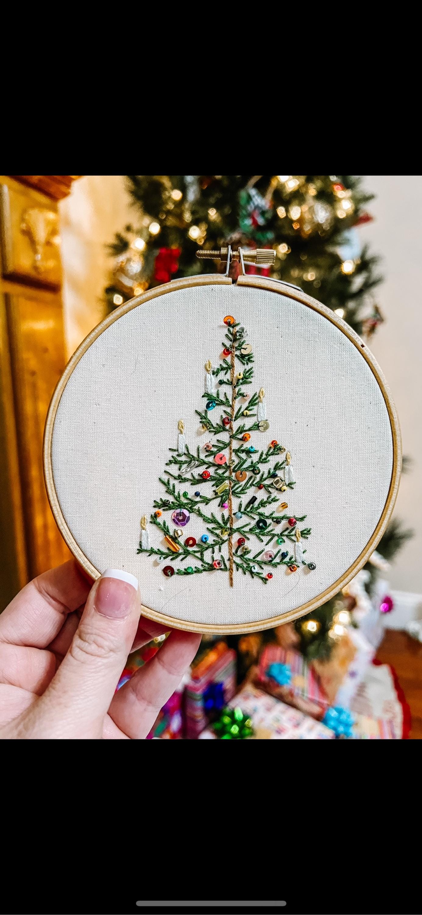 Christmas Light: Festive Embroidery Kit. Simple Christmas tree design with beads sequins, easy modern craft. Add a festive gift set.