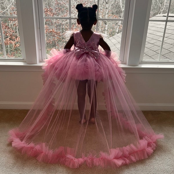 Girls Tiered Flower Girl Dress with Removable Train