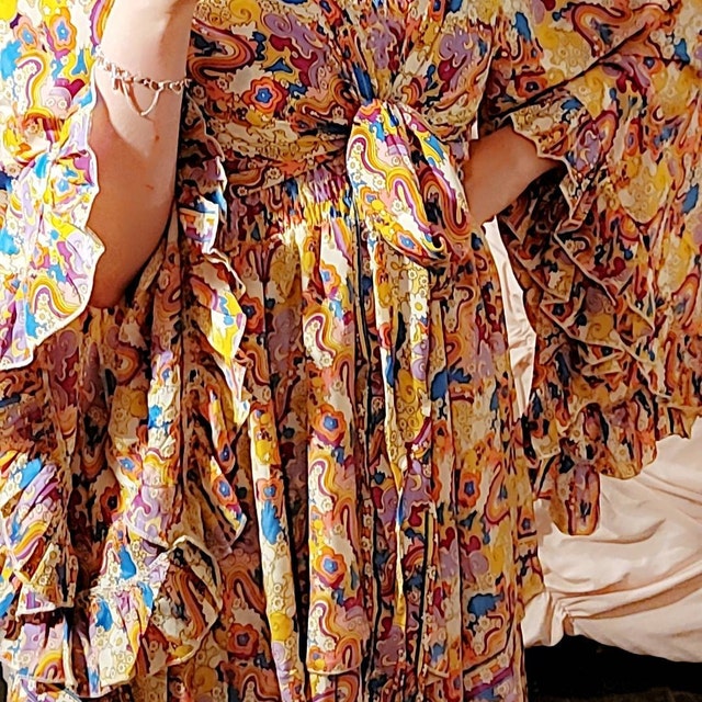 Psychedelic Hippie 2 Piece Dress Outfit Set, 70s Style Bell Sleeve