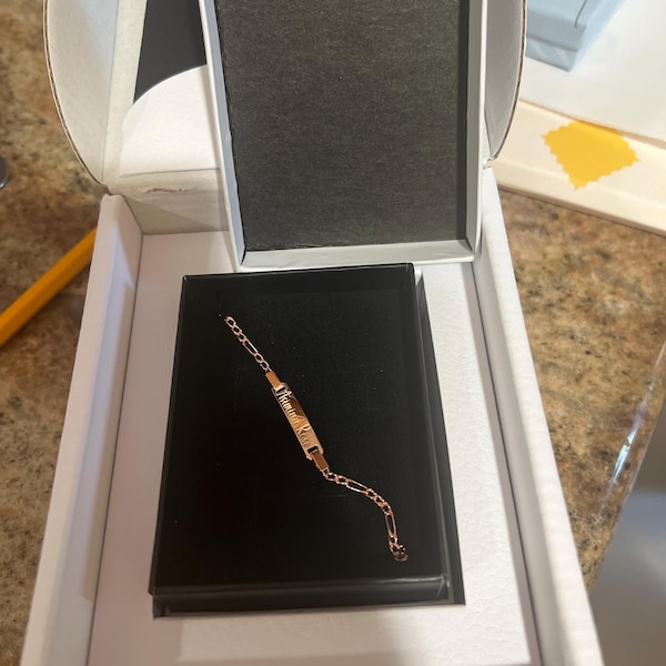 Gold Baby ID Bracelet 14k – Custom Name Plate with Bezel - Raised Lettering - Squared Nugget Figaro Chain