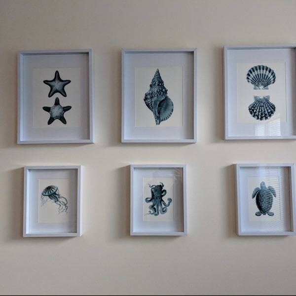 Beach Themed Entryway Wall Decor, Set of 6 Unframed Blue Grey Art ...