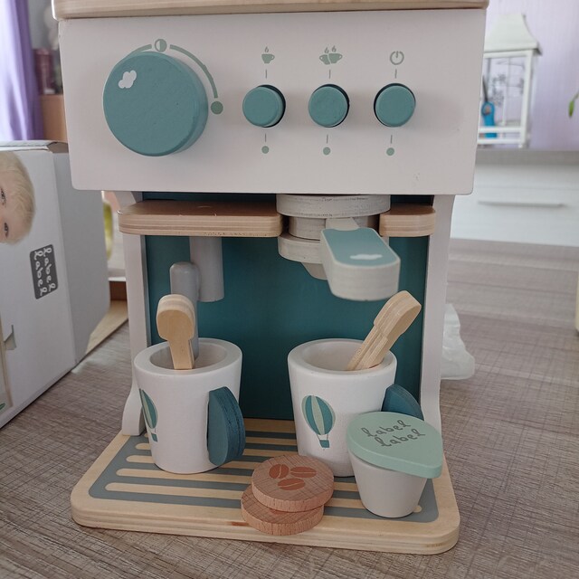 Wooden Kitchen Accessories Espresso Coffee Machine Mint Green Label Label  Personalized With Name Gift for Toddlers 