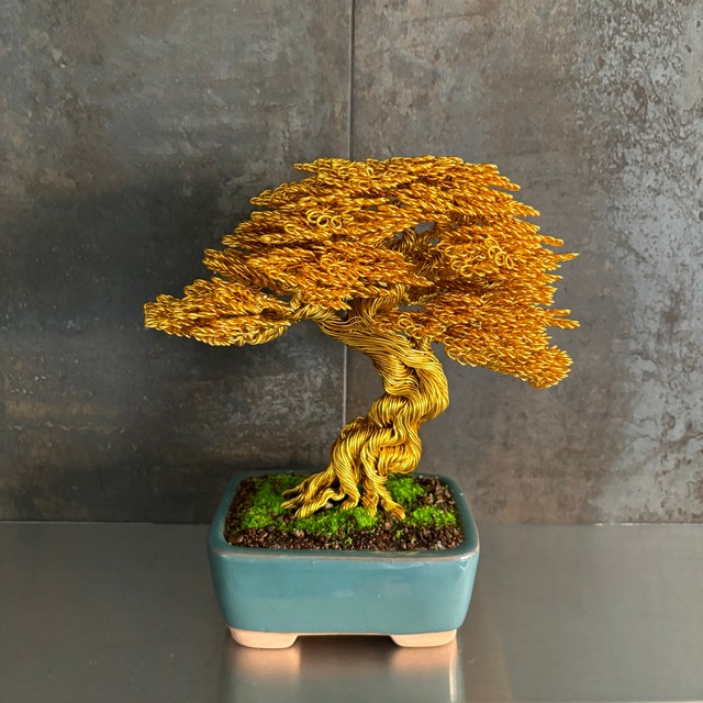 Wire Bonsai Tree Gold Leaves, Wire Tree Sculpture, Tree of Life