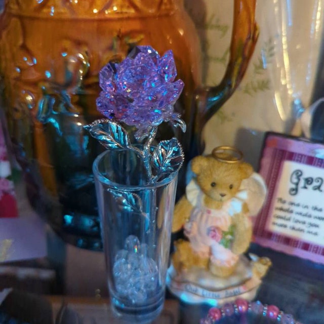 Crystal Purple Rose in Mini-glass Vase With Swarovski Crystals