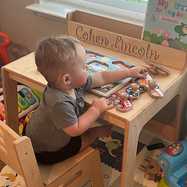 Desk and Chair Set for Toddler, Montessori Table With Bookshelf, Kids ...