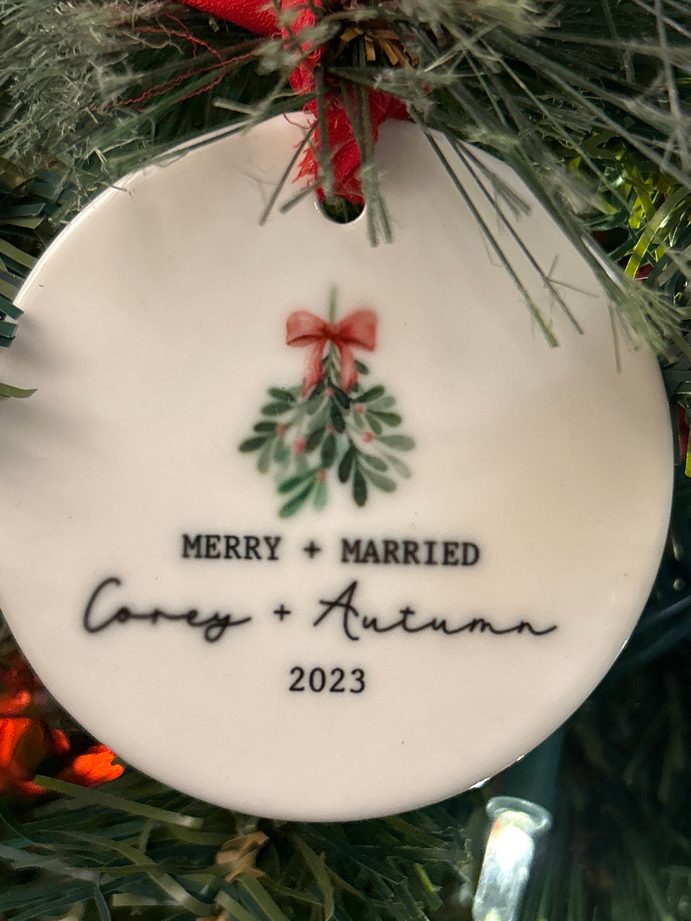 Merry and married ornament mr and mrs first christmas married wedding day just married newlywed christmas gift idea year personalized names
