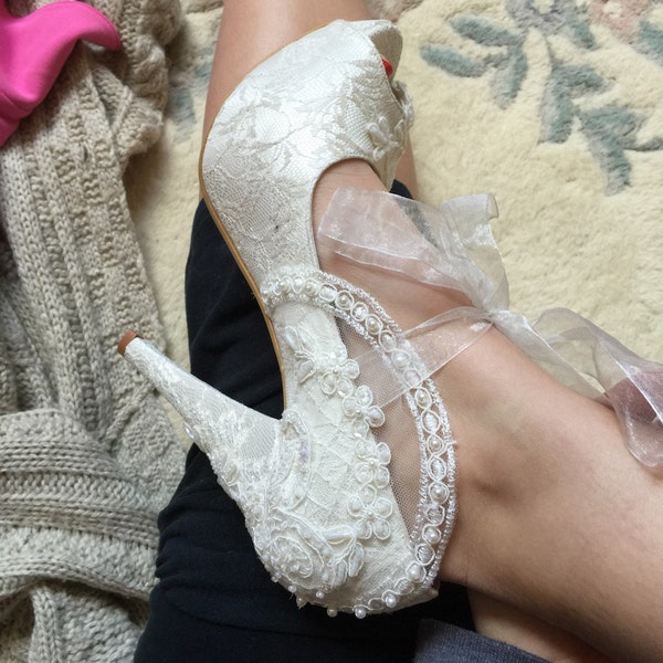 Emily Bridal Lace Wedding Shoes - Ivory Peep Toe Wedge With Ankle Strap, Flower Details, Comfort Soles - View #9