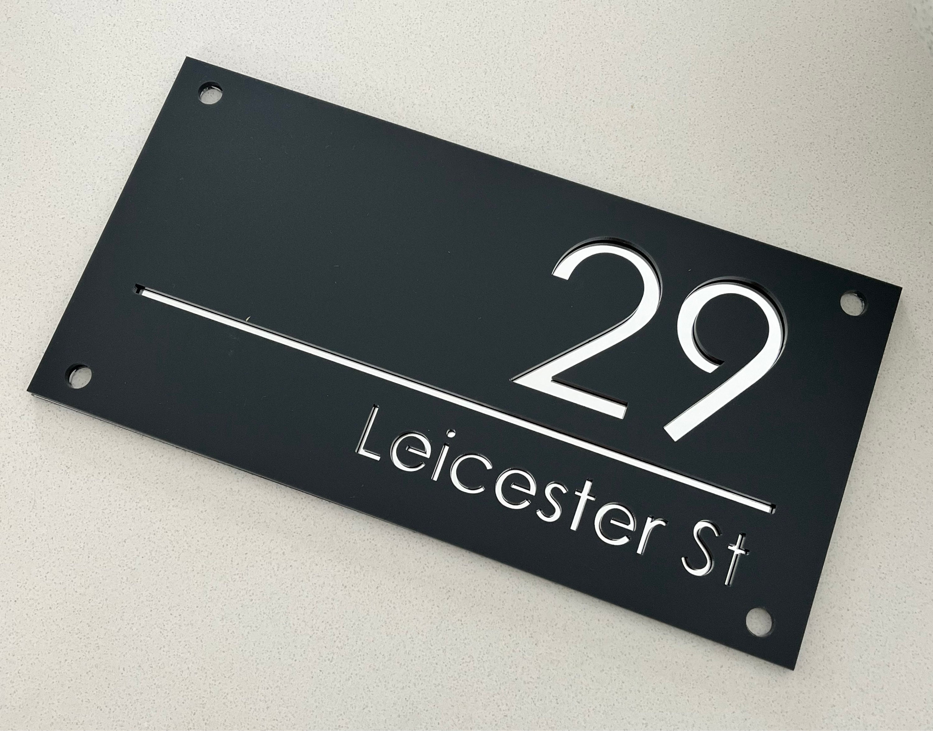 House Wall Plaques UK | Luxe A4 | Precision Laser Cut Acrylic House Number Sign | Matt Gray Anthracite & Silver Mirror | 280mm x 140mm