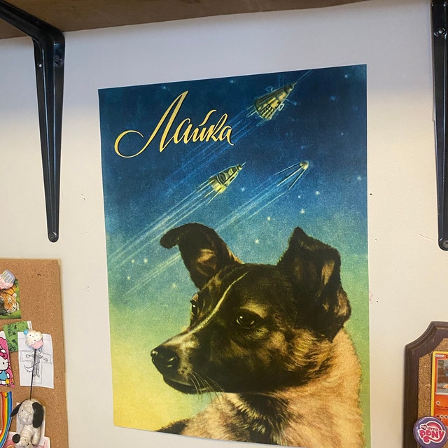Laika, first space dog, 1950s — Soviet vintage space art poster